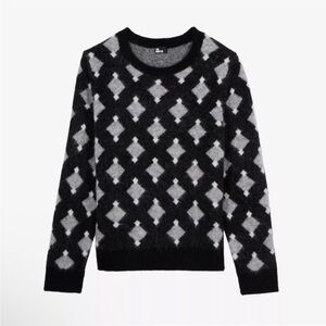 The Kooples Diamond Geo Straight Fit Alpaca Wool Blend Sweater Black Grey NEW L